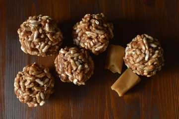 Homemade expanded rice cookies with sweet candy fudge.