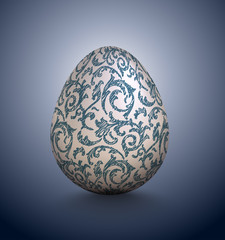 White realistic egg with ink handdrawn floral pattern. Isolated on blue background. Vintage banner, card, poster for Easter, business concept