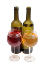 Glass and bottle wine on white background