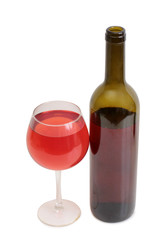 Glass and bottle wine on white background