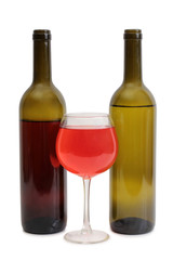 Glass and bottle wine on white background