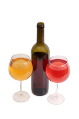 Glass and bottle wine on white background