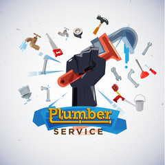 plumber hand fist Plumbing tools in hand with equipment - vector illustration