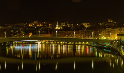 Fototapeta na wymiar City of Lyon France waterscape by night