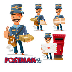 Postman in difference action with typographic for header design. character design. logotype - vector