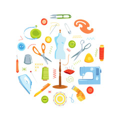 Sewing tools vector round concept