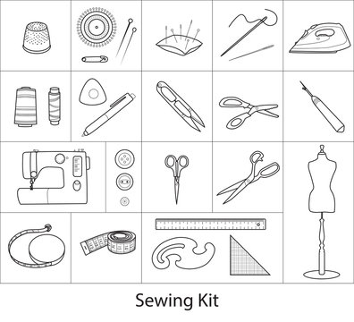 Sewing tools kit, line vector icons