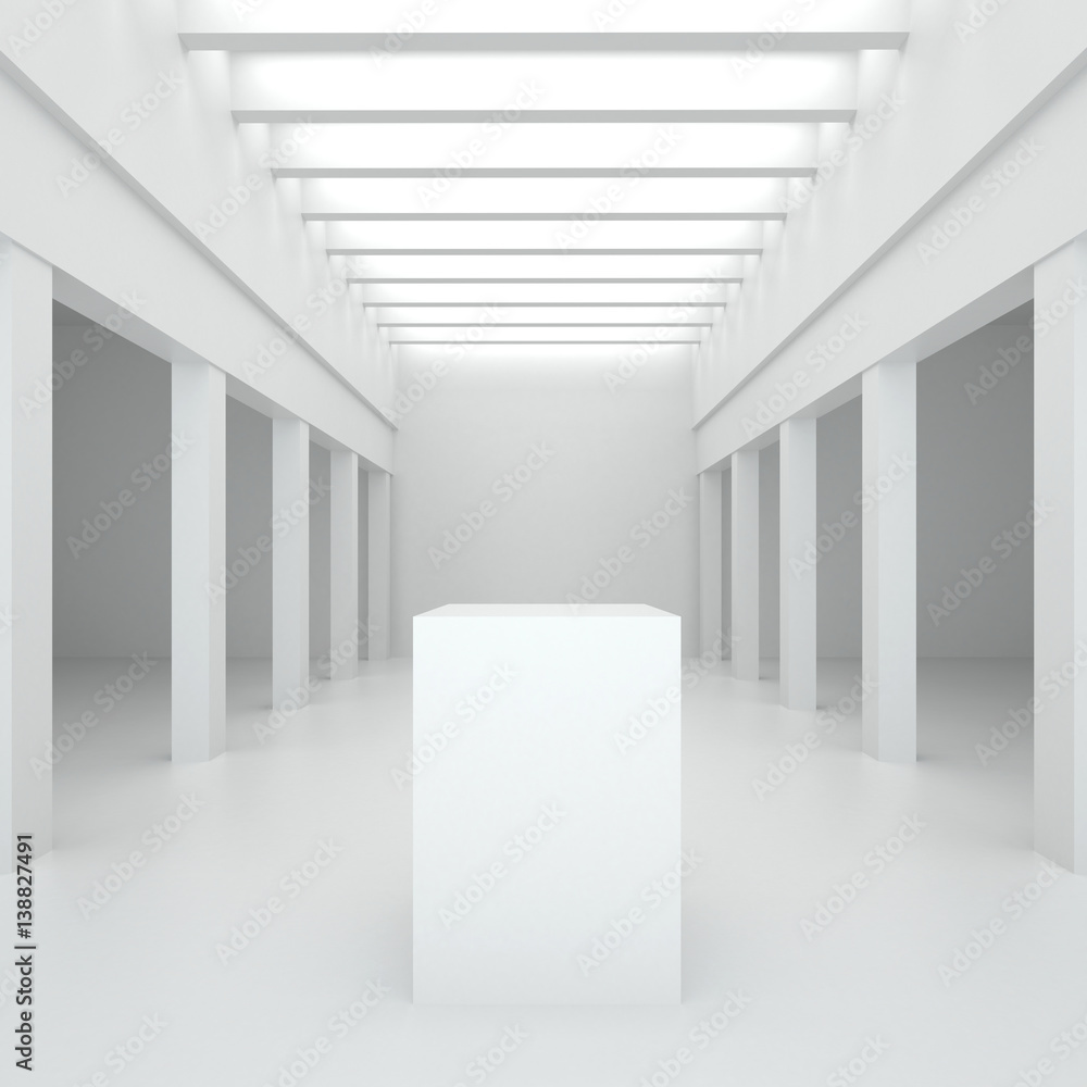 Poster 3d illustration. white interior of of not existing building with columns and beamed ceilings and top