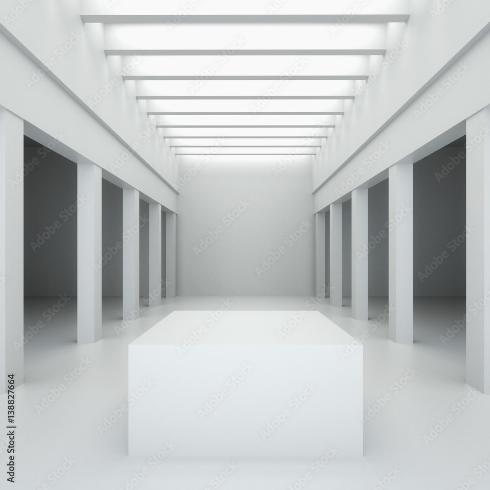 Poster 3d illustration. white interior of of not existing building with columns and beamed ceilings and top