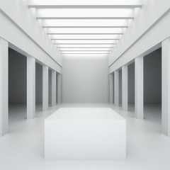 Obraz premium Ilustracja 3D. Białe wnętrze nieistniejącego budynku z kolumnami i belkami stropowymi oraz górnym oświetleniem w perspektywie. Widok symetryczny, renderowanie. Stojak do prezentacji obiektów.