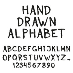 Alphabet. Hand drawn letters and numbers isolated on white background. Vector illustration.