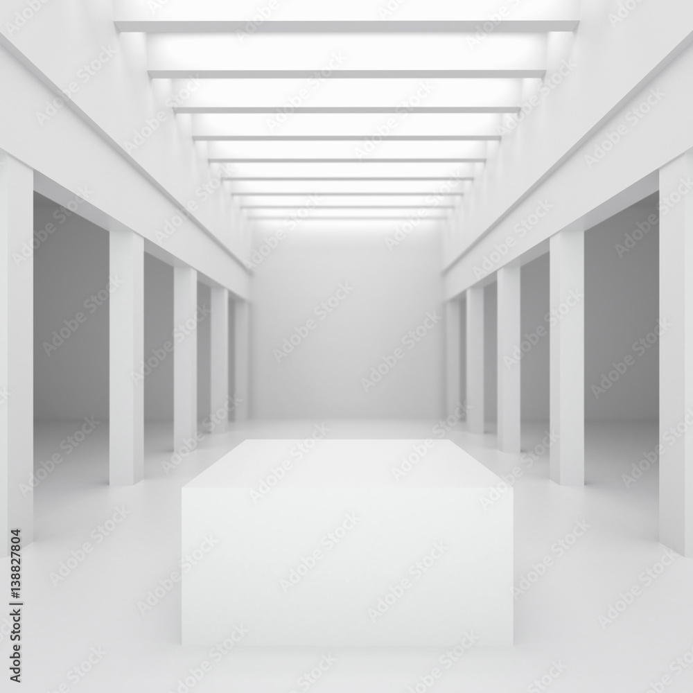 Poster 3d illustration. white interior of of not existing building with columns, beamed ceilings and top li