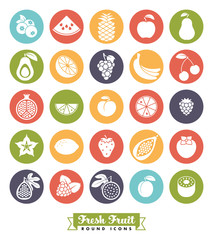 Fruit Assortment Round Color Icon Vector Set. Collection of 25 fruit symbols, negative in color circles