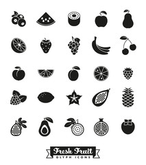 Fruit Glyph Icon Vector Set. Collection of 25 fruit symbols.