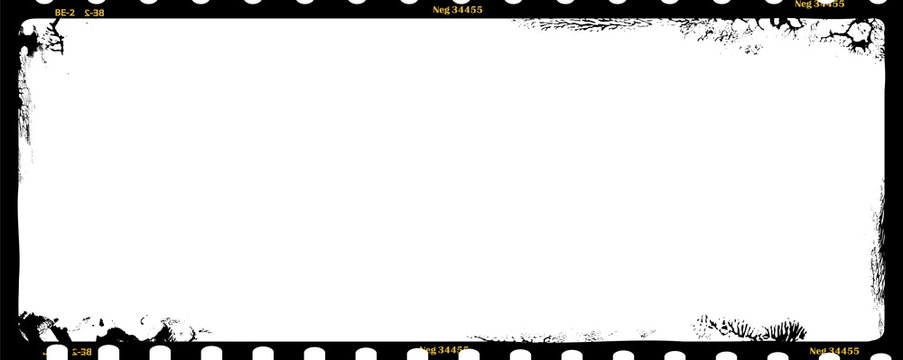 grungy medium format film negative panoramic photo frame, copy space