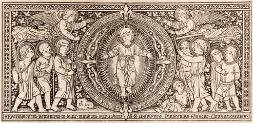 BRATISLAVA, SLOVAKIA, NOVEMBER - 21, 2016: The lithography of Christ Child in Missale Romanum by unknown artist with the initials F.M.S from end of 19. cent. and printed by Typis Friderici Pustet.