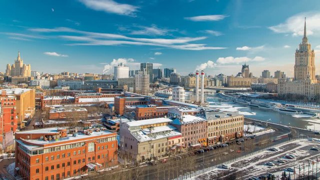 Top view on a winter city Moscow timelapse. Urban landscape with a frozen river