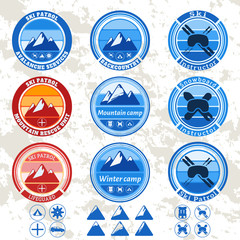 retro vintage set of badges and labels on the theme of mountains, ski patrol