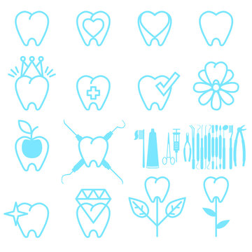 Tooth line icons, symbols and design elements. Tooth signs for stomatology, dentist and dental care clinics. Dental instruments set design concept. Vector illustration