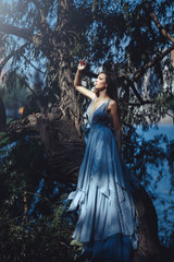 Beautiful woman in blue dress in fairy forest.