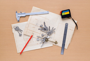 Set of measuring tools on wooden background