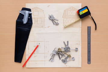 Set of measuring tools on wooden background