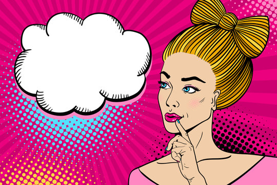 Young sexy blonde woman smiling with open mouth, with a bow made of hair looking at speech bubble reflectively. Vector hand-drawn colorful background in pop art retro comic style.