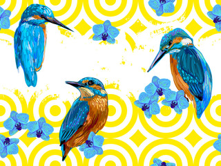 Seamless hand drawn pattern with blue birds and orchids. Romantic texture. Vector summer background. Perfect for wallpapers, pattern fills, web page backgrounds, surface textures, textile