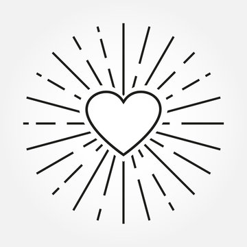 Heart icon. Outline heart silhouette with sunburst frame. Valentine heart background. Love design element.