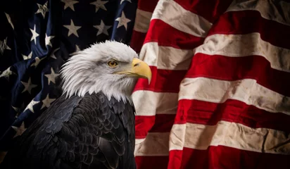 Foto auf Acrylglas Adler Amerikanischer Weißkopfseeadler mit Flagge.