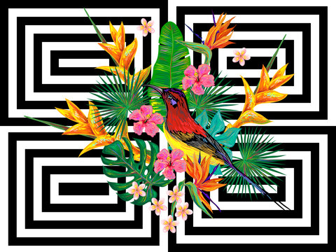 Seamless summer tropical pattern with birds, palm leaves and exotic flowers vector background. Perfect for wallpapers, pattern fills, web page backgrounds, surface textures, textile