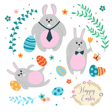 Set of three cute Easter bunnies and painted eggs in a cartoon style. Vector illustration.