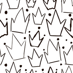 Seamless vector pattern with hand drawn black crowns. Creative fabric design.