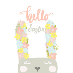 Hello Easter quote. Greeting Easter background with Easter egg and Cute bird. Vector Illustration