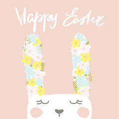 Happy Easter quote. Greeting Easter background with Cute rabbit with floral ears. Vector Illustration