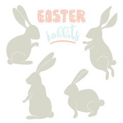 Cute Easter rabbits set. Clipart with rabbits silhouette isolated on white. Vector Illustration