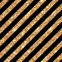 Fashion shiny seamless pattern with black and gold glitter diagonal stripes. Backdrop with glittering yellow metal lines. Retro or vintage vector background for Christmas, wedding, birthday gift card