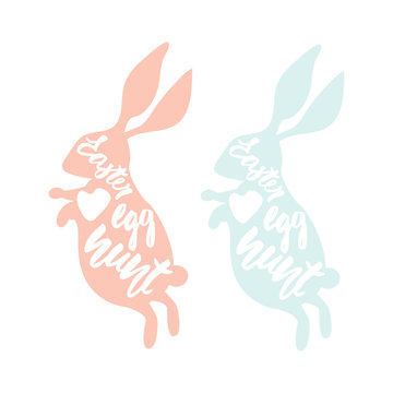 Easter Egg Hunt. Easter Rabbits Set With Lettering Inside Shapes. Clipart With Rabbits Silhouette Isolated On White. Vector Illustration