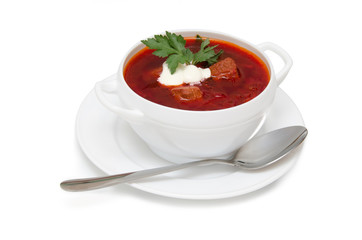 Red borsch in bundle jars isolated over white