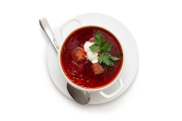 Red borsch in bundle jars isolated over white