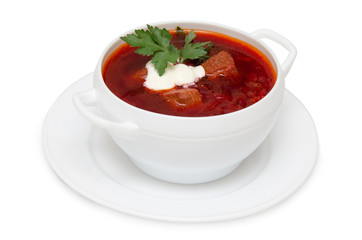 Red borsch in bundle jars isolated over white