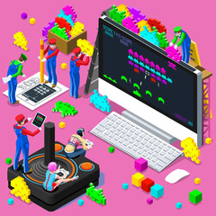 Retro Video game screen and gamer person playing online with console controller android phone or computer. 3D Isometric People icon set. Creative design vector illustration collection