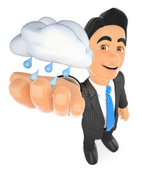 3D Weather man with a cloud with rain. Rainy day