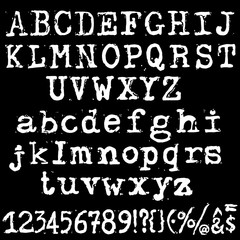 Vector old typewriter font. Vintage grunge letters. Old destroyed printed letters.