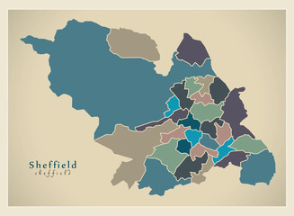 Modern City Map - Sheffield with coloured wards illustration