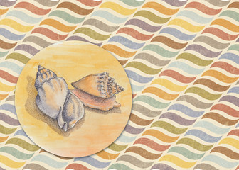Watercolor and vector background with shells - 138833621