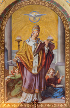 VIENNA - JULY 27: Fresco of st. Gregory by Leopold Schulz from year 1856 in Altlerchenfelder church on July 27, 2013 Vienna.