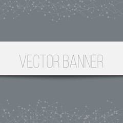Geometric pattern with connected lines and dots, central white banner, on grey background.