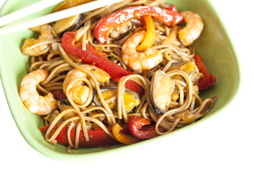 Buckwheat noodles soba with prawns and vegetables
