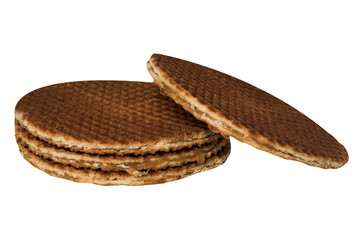 Two waffles with caramel stuffing close isolated on white background